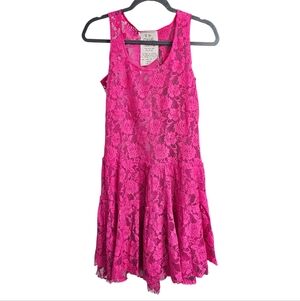 Free People One Barbiecore Semi Sheer Lace Roses Tiered Mini Dress Size Small